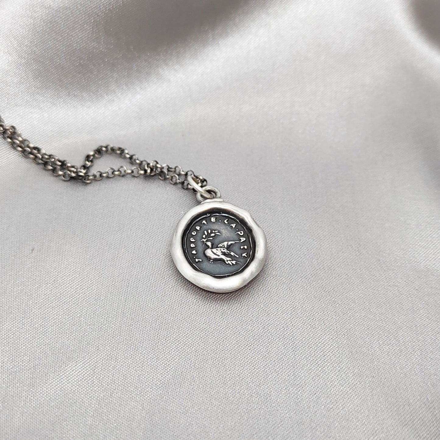 Dove Olive Branch Peace Love Wax Seal Necklace Pendant, Handmade Silver Talisman, Intaglio Seal Heirloom Original Design LT011