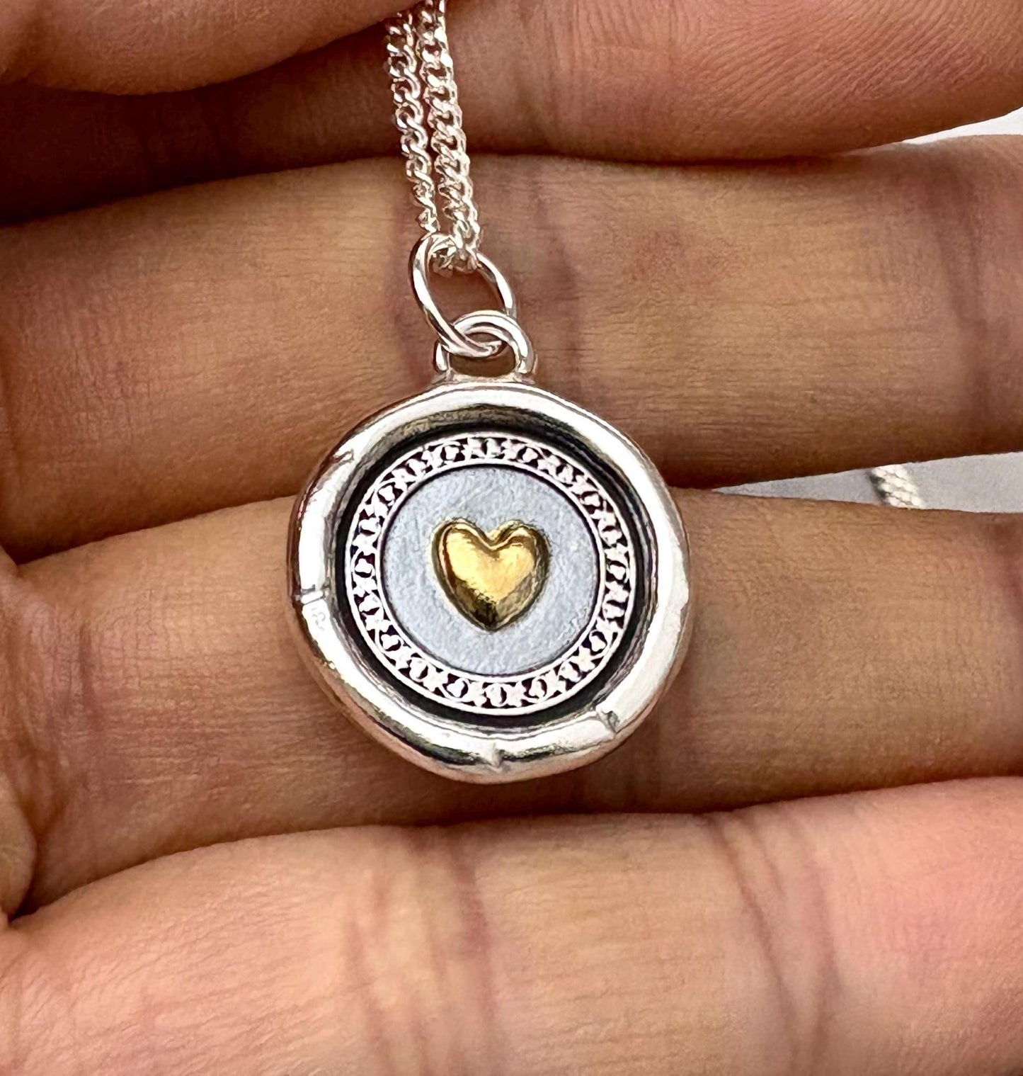 Romantic Heart Pendant Wax Seal Love Necklace, 22K Gold Overlay Fine Silver, Handmade, Intaglio Seal Heirloom, Original Design Liliane Ting