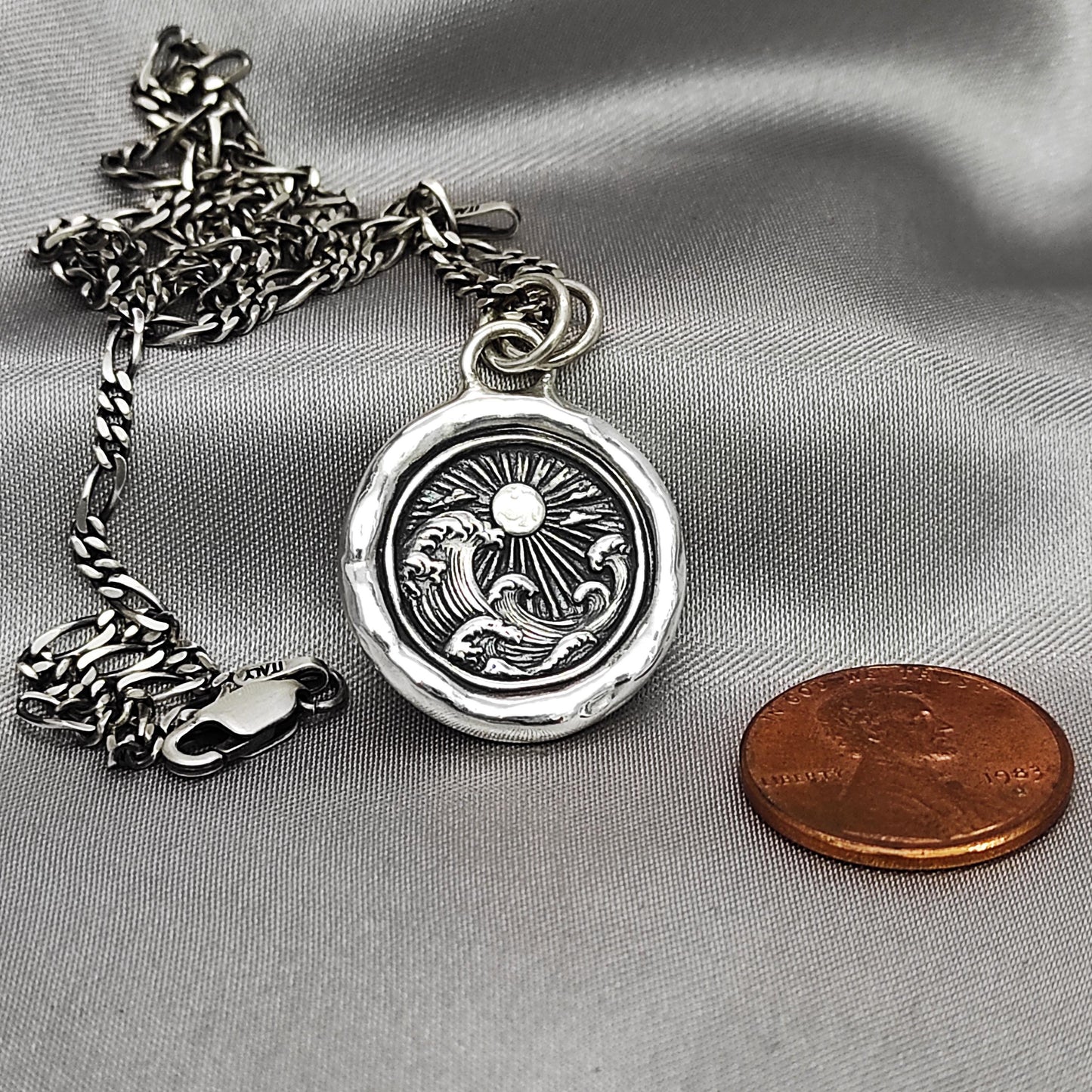 Ocean Wave Sun Wax Seal Necklace Pendant, Handmade Silver Talisman, Intaglio Seal Heirloom, Original Design by Liliane Ting 085