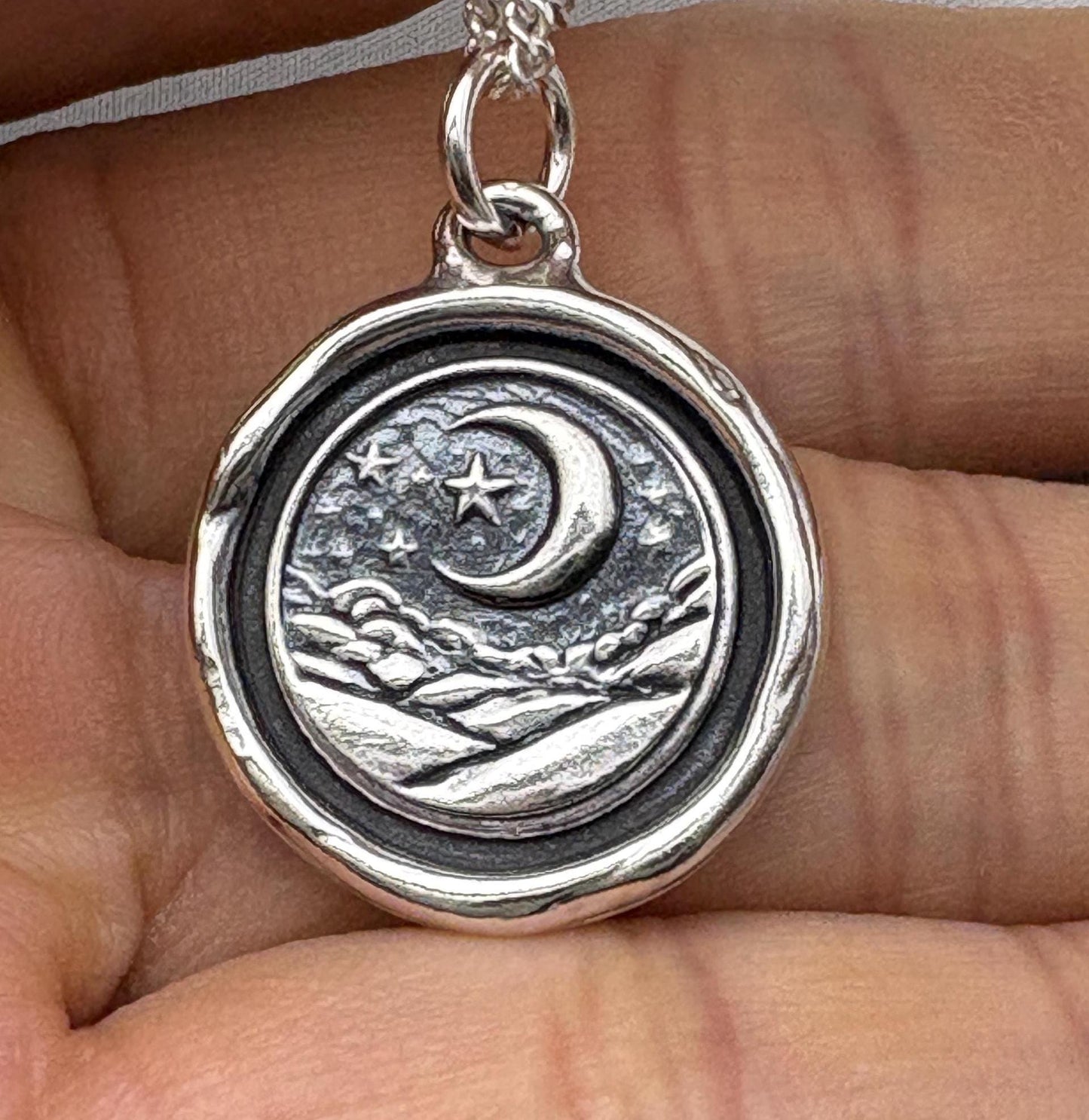 Silver Moon & Stars Pendant – Celestial Wax Seal Night Sky Necklace, Handmade Charm, Intaglio Seal Heirloom, Original Design LT Studio