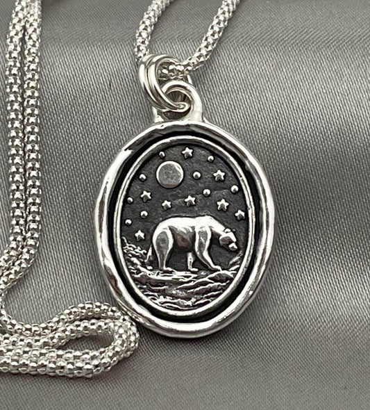Polar Bear Necklace, Wax Seal Celestial Star Night Pendant, Handmade Silver Talisman, Intaglio Seal Heirloom, Original Design LT088