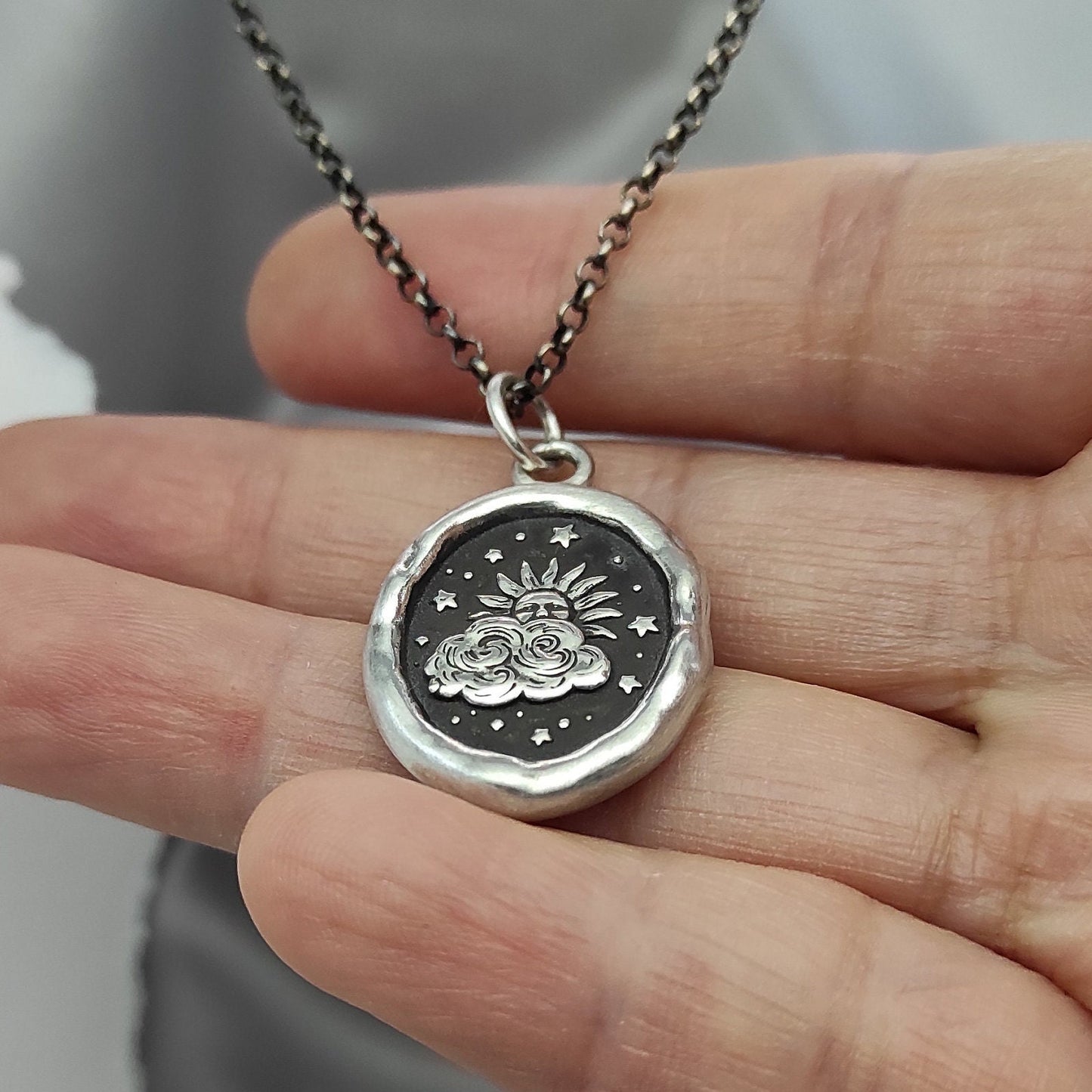 Sun Cloud Star Celestial Pendant, Wax Seal Necklace, Handmade Silver Charm, Intaglio Seal Heirloom, Original Design Liliane Ting LT055