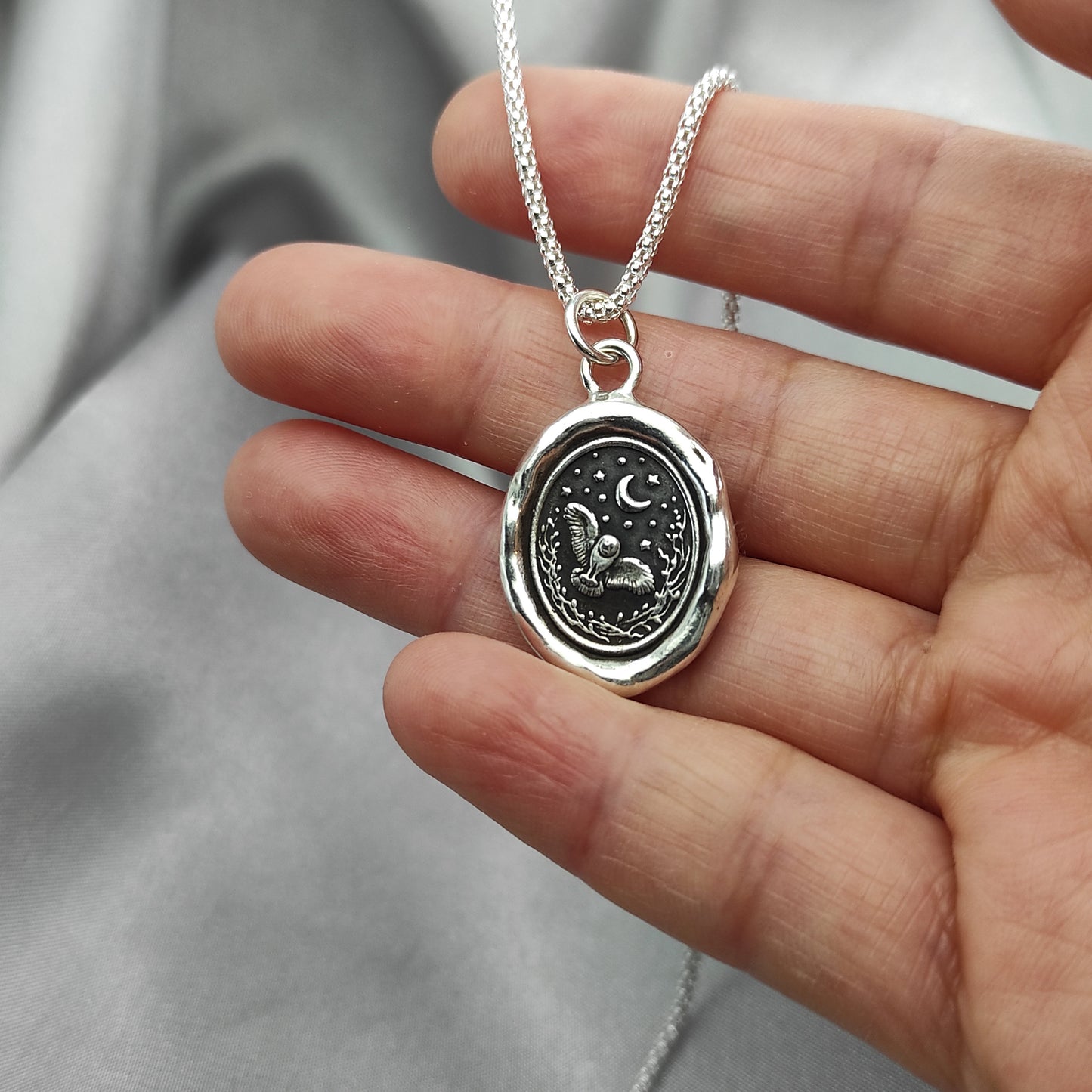 Owl Celestial Star Night Wax Seal Necklace Pendant, Handmade Silver Talisman, Intaglio Seal Heirloom, Original Design LT Studio LT034
