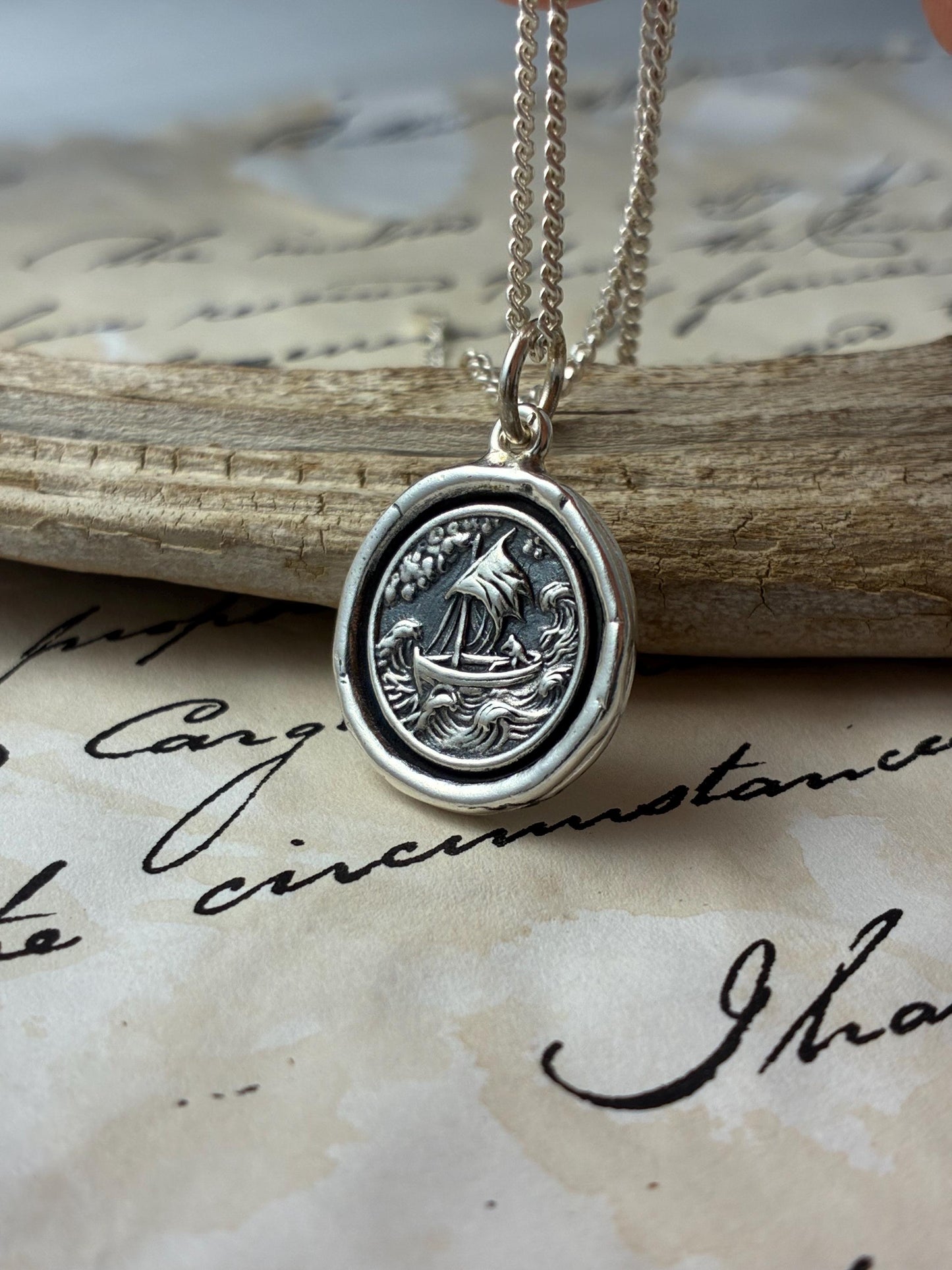 Stormy Sea Boat Pendant – Nautical Wax Seal Necklace – Handmade Silver Talisman – Symbol of Strength, Journey & Faith Original Design LT149