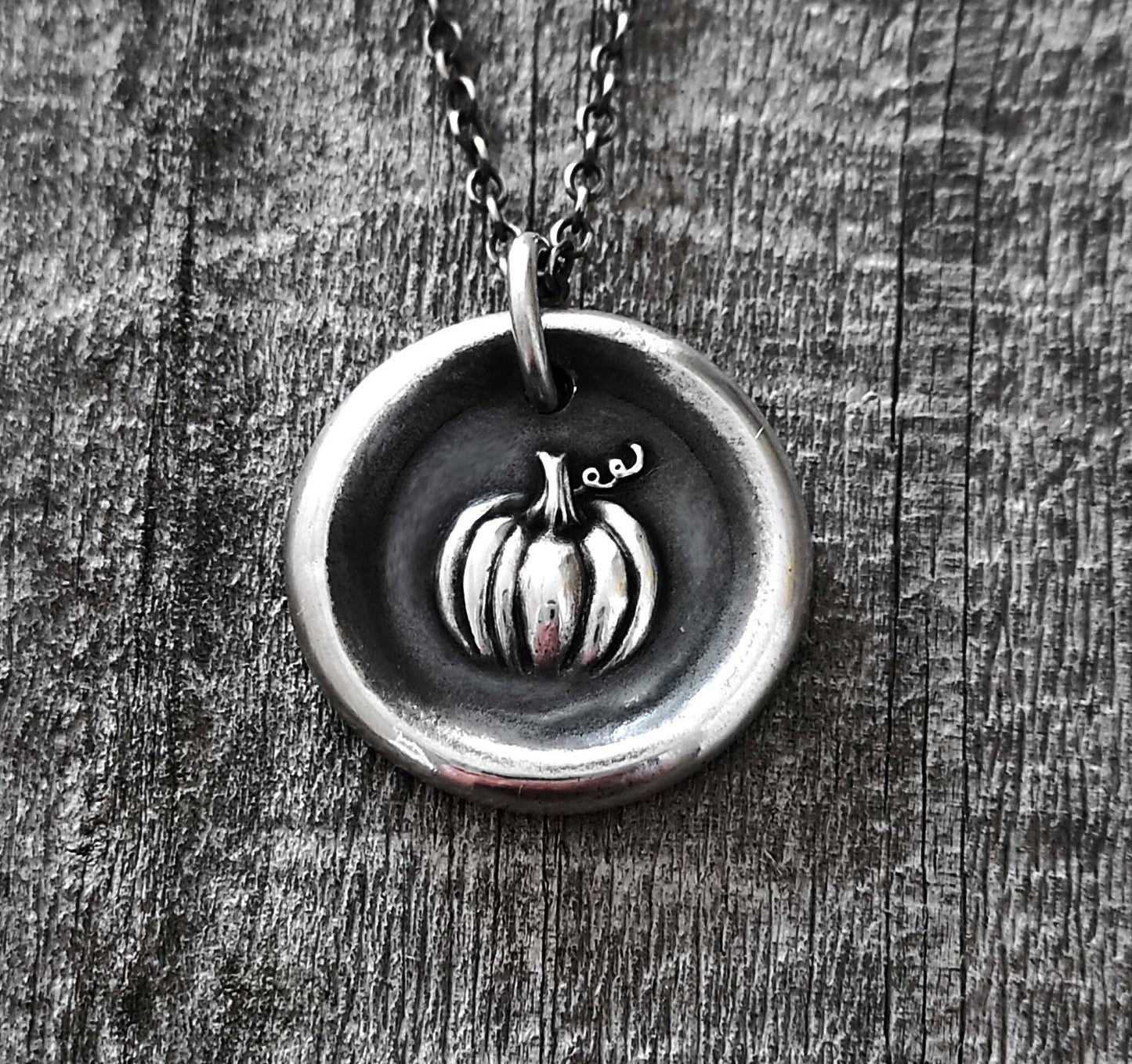 Silver Pumpkin Pendant, Wax Seal Harvest Necklace, Latin Motto, Handmade Silver Charm, Intaglio Seal Heirloom, Original Design LT008