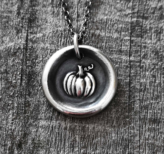 Silver Pumpkin Pendant, Wax Seal Harvest Necklace, Latin Motto, Handmade Silver Charm, Intaglio Seal Heirloom, Original Design LT008