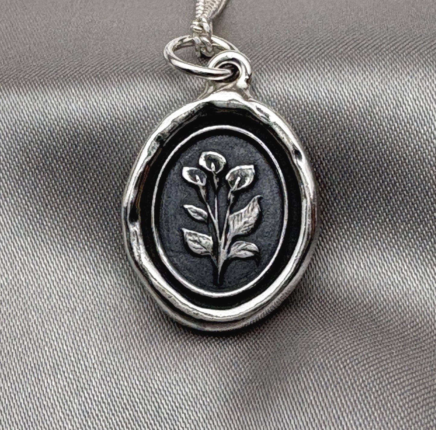 Calla Lily Pendant – Handmade Silver Wax Seal Flower Necklace, Intaglio Seal Heirloom, Symbol of Purity and Grace, Original Design LT