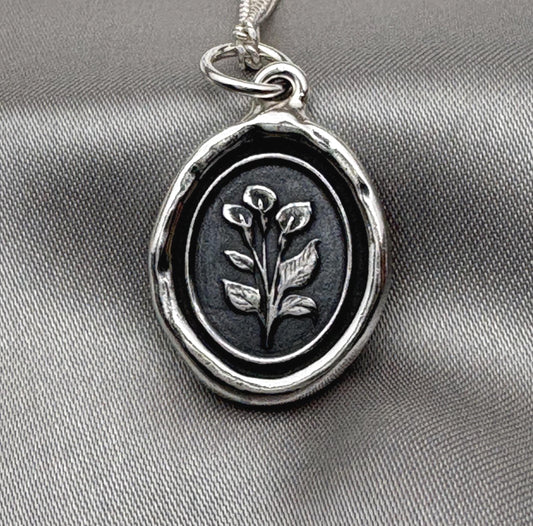 Calla Lily Pendant – Handmade Silver Wax Seal Flower Necklace, Intaglio Seal Heirloom, Symbol of Purity and Grace, Original Design LT