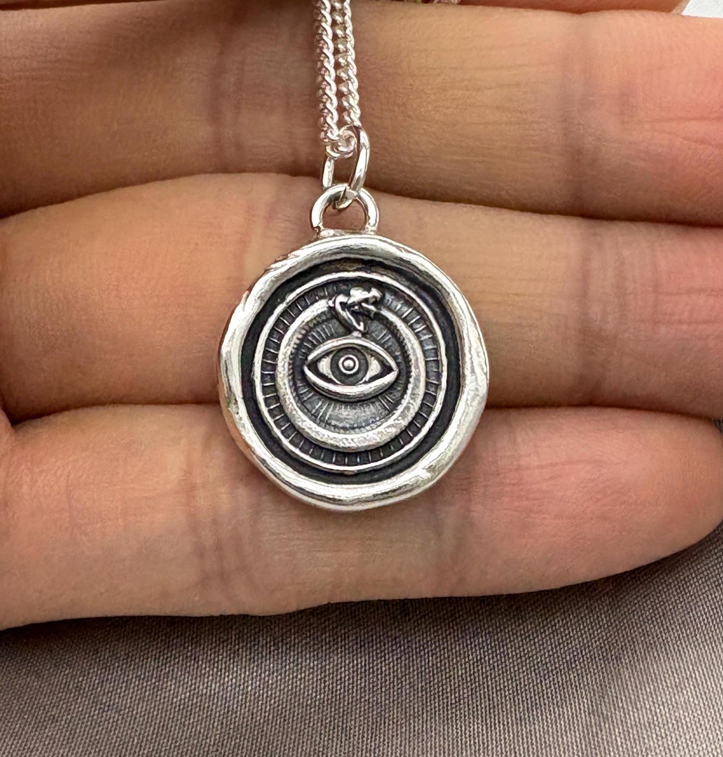 All Seeing Eye & Serpent Pendant, Protective Amulet Wax Seal Necklace, Handmade Silver Talisman , Intaglio Seal Heirloom, Original Design LT