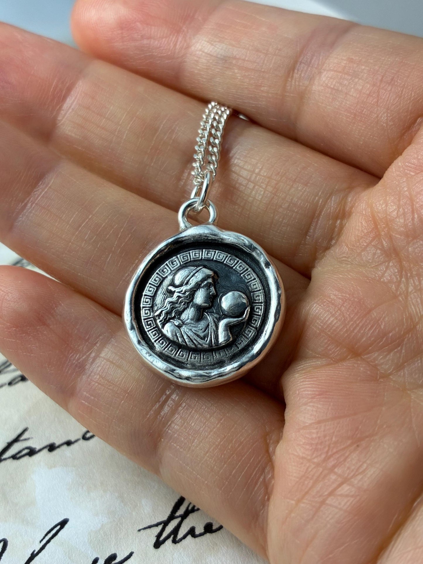Celestial Greek Goddess Pendant, Mythological Wax Seal Necklace, Handmade Silver Amulet • One-of-a-Kind Ancient Seer Necklace Liliane Ting