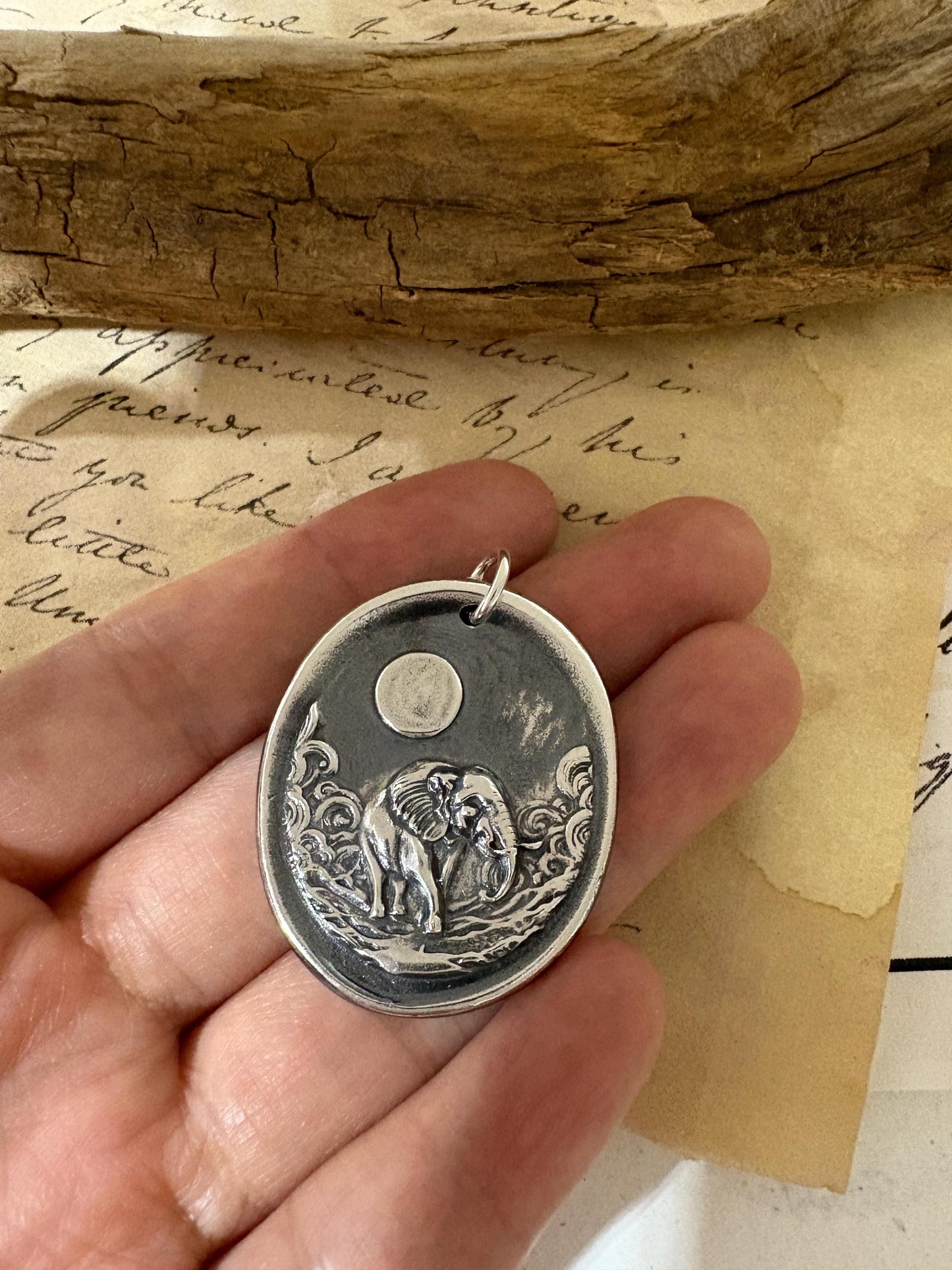 Elephant Necklace, Moon Celestial Wax Seal Pendant, Handmade Silver Talisman, Intaglio Seal Heirloom, Original Design Liliane Ting LT0144
