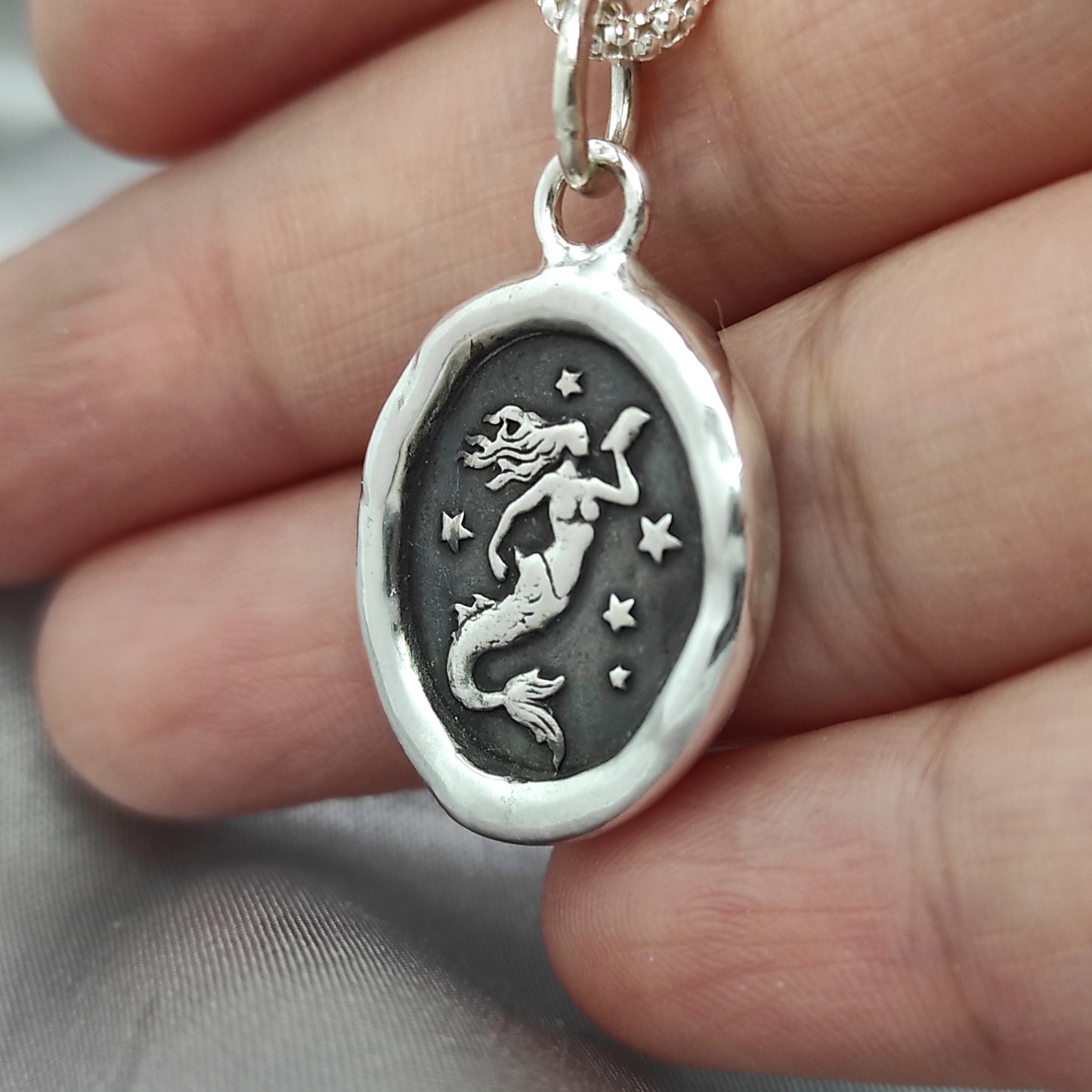 Mermaid Celestial Wax Seal Necklace Pendant, Handmade Silver Talisman, Intaglio Seal Heirloom, Original Design Liliane Ting LT073