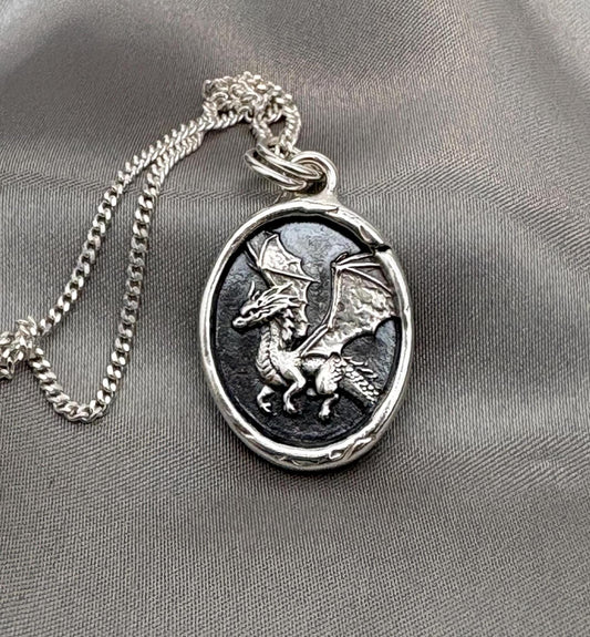 Fantasy Dragon Celestial Wax Seal Necklace Pendant, Handmade Silver Talisman, Intaglio Seal Heirloom, Original Design LT103