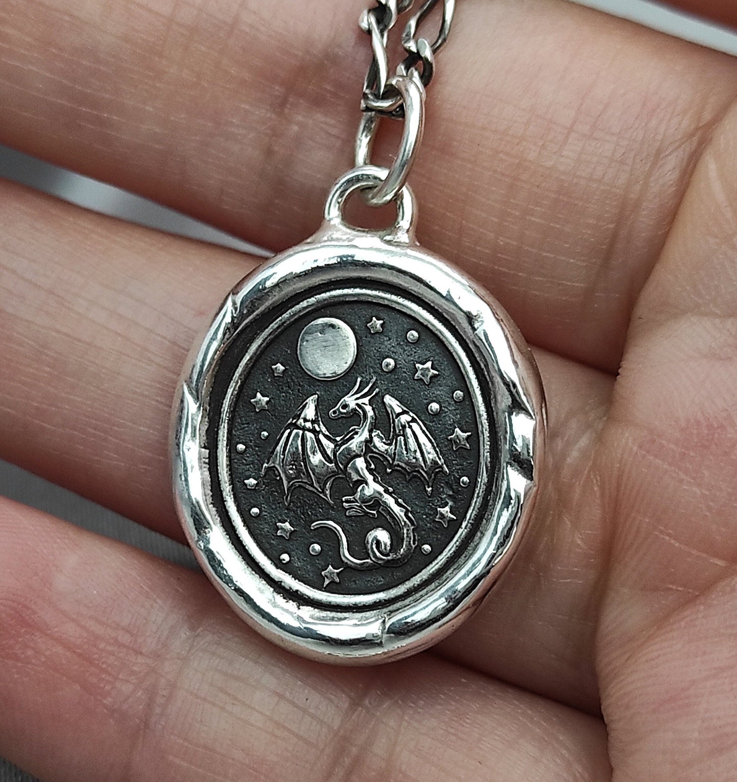 Dragon Celestial Star Moon Wax Seal Necklace Pendant, Handmade Silver Talisman, Intaglio Seal Heirloom, Original Design LT083
