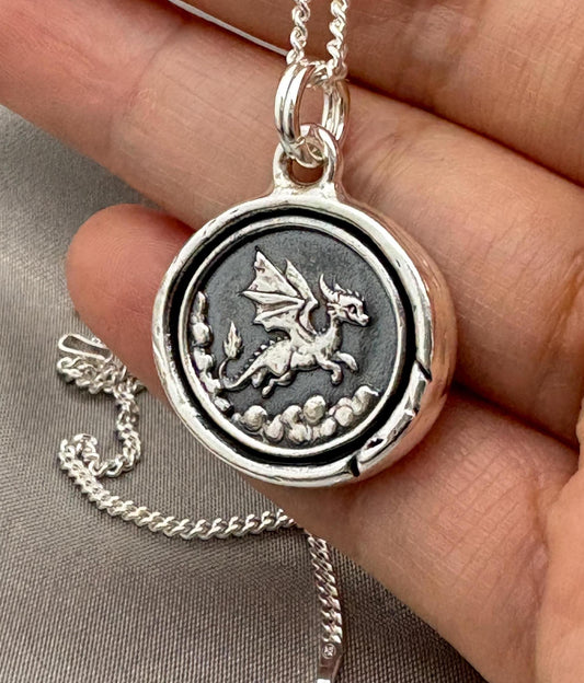 Flying Baby Dragon Wax Seal Necklace Pendant, Handmade Silver Talisman, Intaglio Seal Heirloom, Original Design Liliane Ting LT101