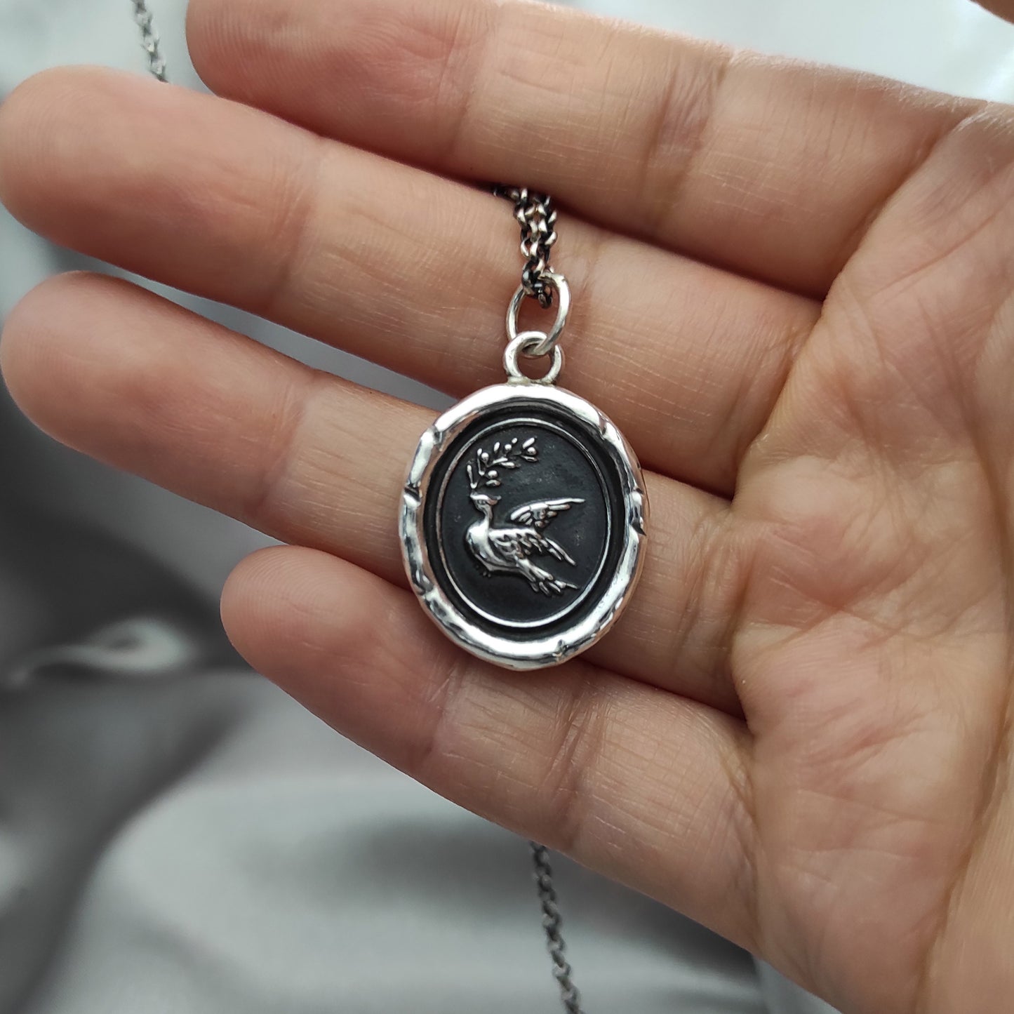 Dove Olive Pendant, Wax Seal Bird Necklace, Handmade Silver Charm, Intaglio Seal Heirloom, Original Design Liliane Ting Studio LT057
