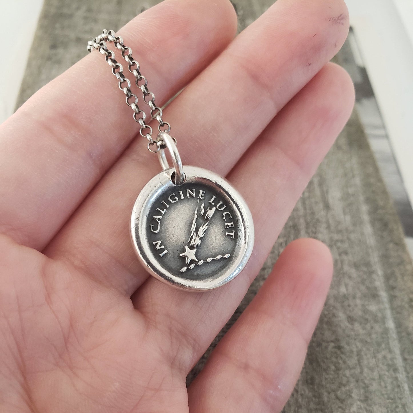 Comet Pendant, Wax Seal Necklace, Latin Motto, Handmade Silver Charm, Intaglio Seal Heirloom. Original Design by Liliane Ting LT033