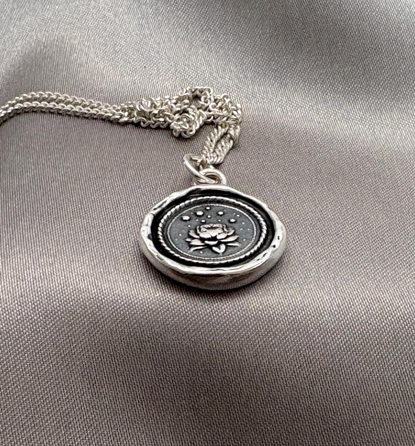 Silver Lotus Pendant – Spiritual Growth & Enlightenment Wax Seal Necklace, Handmade Charm, Intaglio Seal Heirloom, Original Design LT Studio