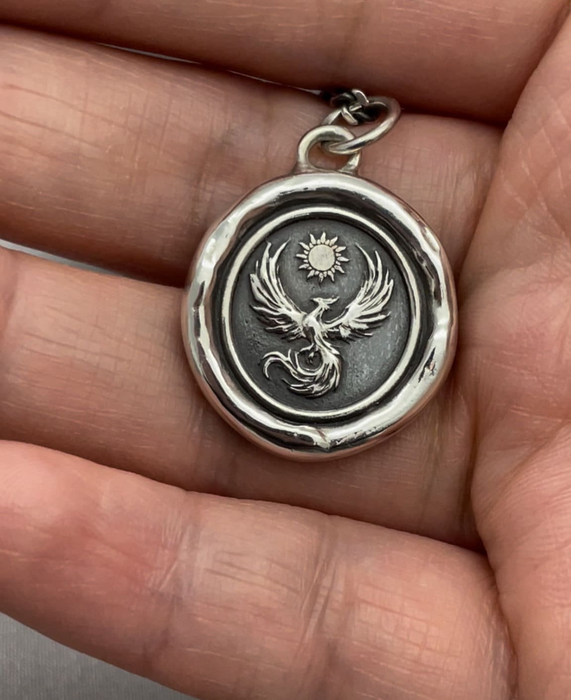 Phoenix Soaring Sun Wax Seal Necklace Pendant, Handmade Silver Talisman, Intaglio Seal Heirloom, Original Design Liliane Ting LT079