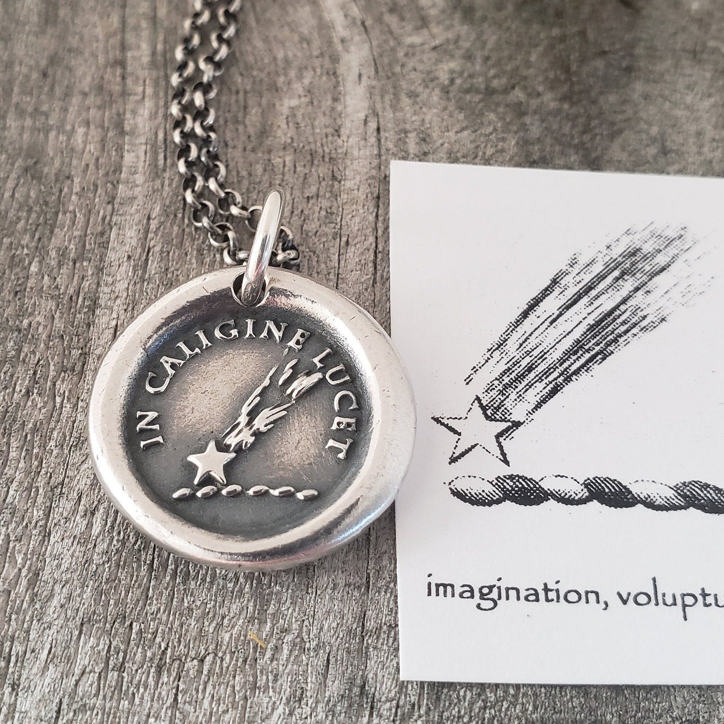 Comet Pendant, Wax Seal Necklace, Latin Motto, Handmade Silver Charm, Intaglio Seal Heirloom. Original Design by Liliane Ting LT033