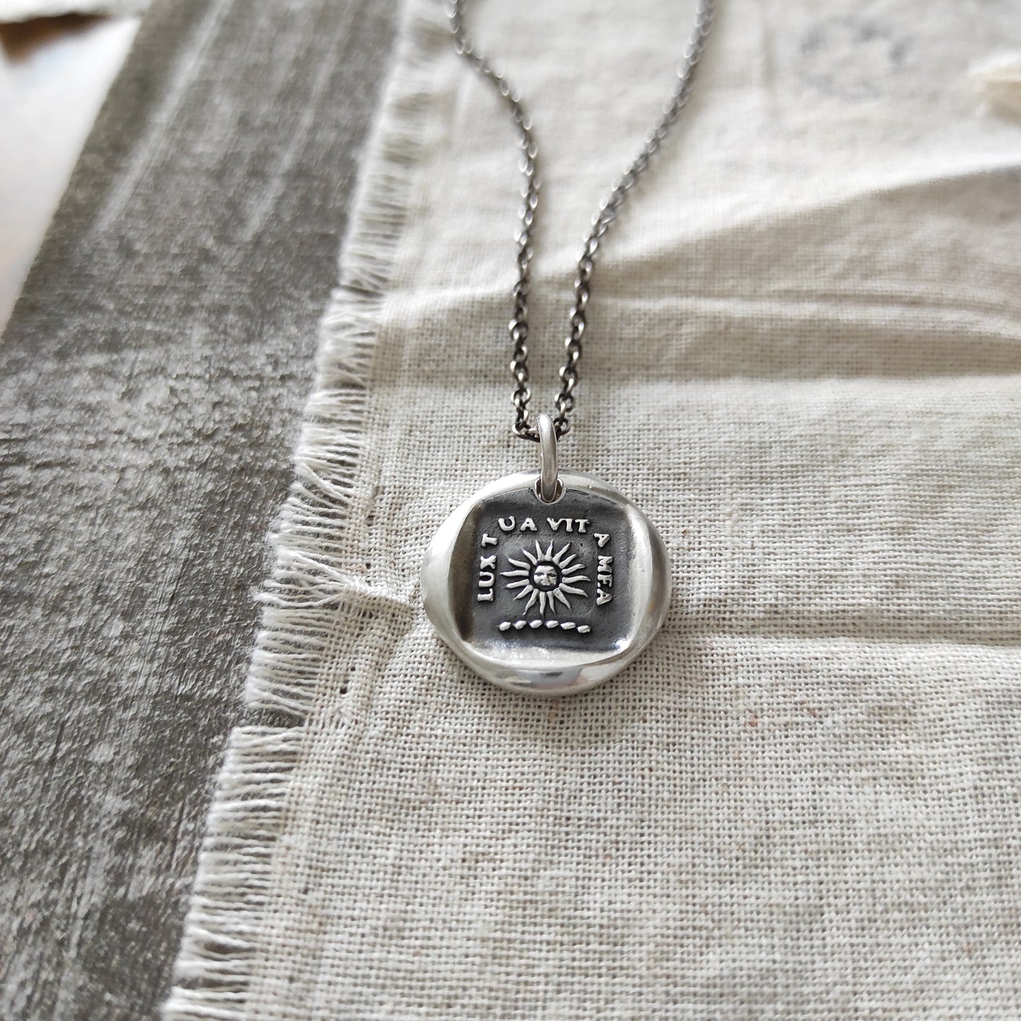 Sun Necklace, Wax Seal Pendant/Latin Motto/Handmade Silver Talisman/Intaglio Seal Heirloom Original Design by Liliane Ting LT001
