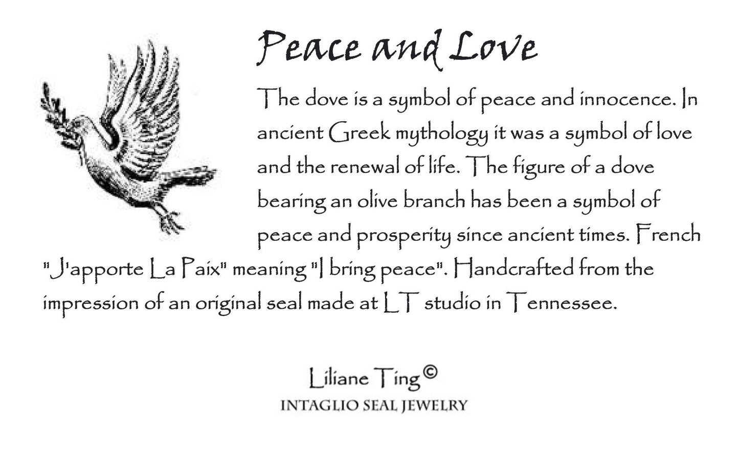 Dove Olive Branch Peace Love Wax Seal Necklace Pendant, Handmade Silver Talisman, Intaglio Seal Heirloom Original Design LT011