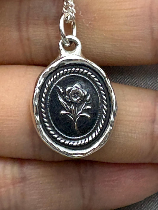 Daffodil Pendant – Wax Seal Botanical Necklace, Flower Charm, Handmade Silver Intaglio Seal Heirloom, Original Design Liliane Ting Studio