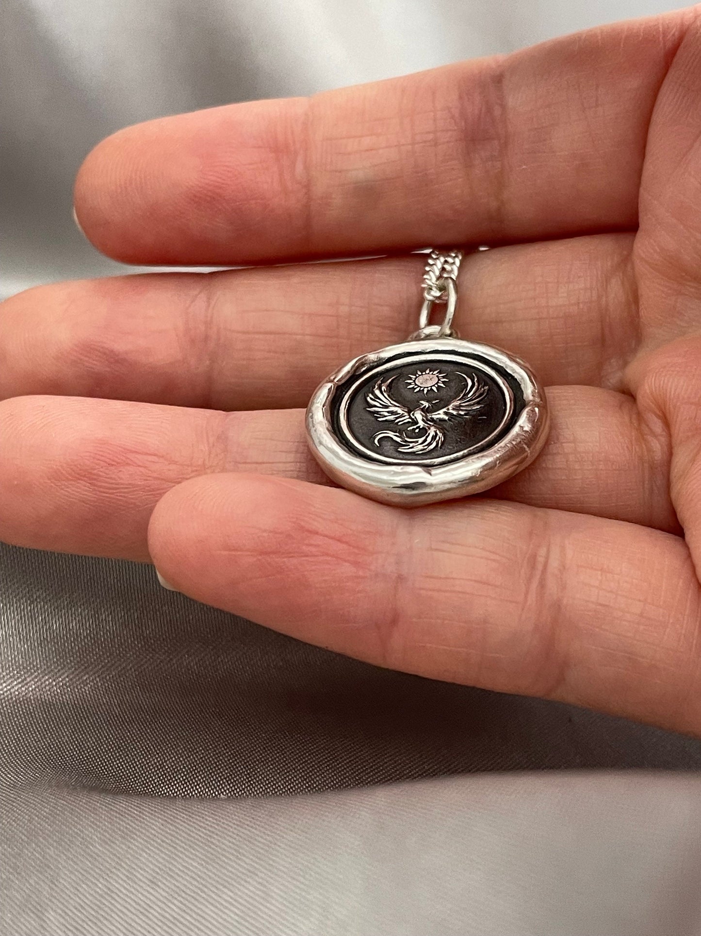 Phoenix Soaring Sun Wax Seal Necklace Pendant, Handmade Silver Talisman, Intaglio Seal Heirloom, Original Design Liliane Ting LT079