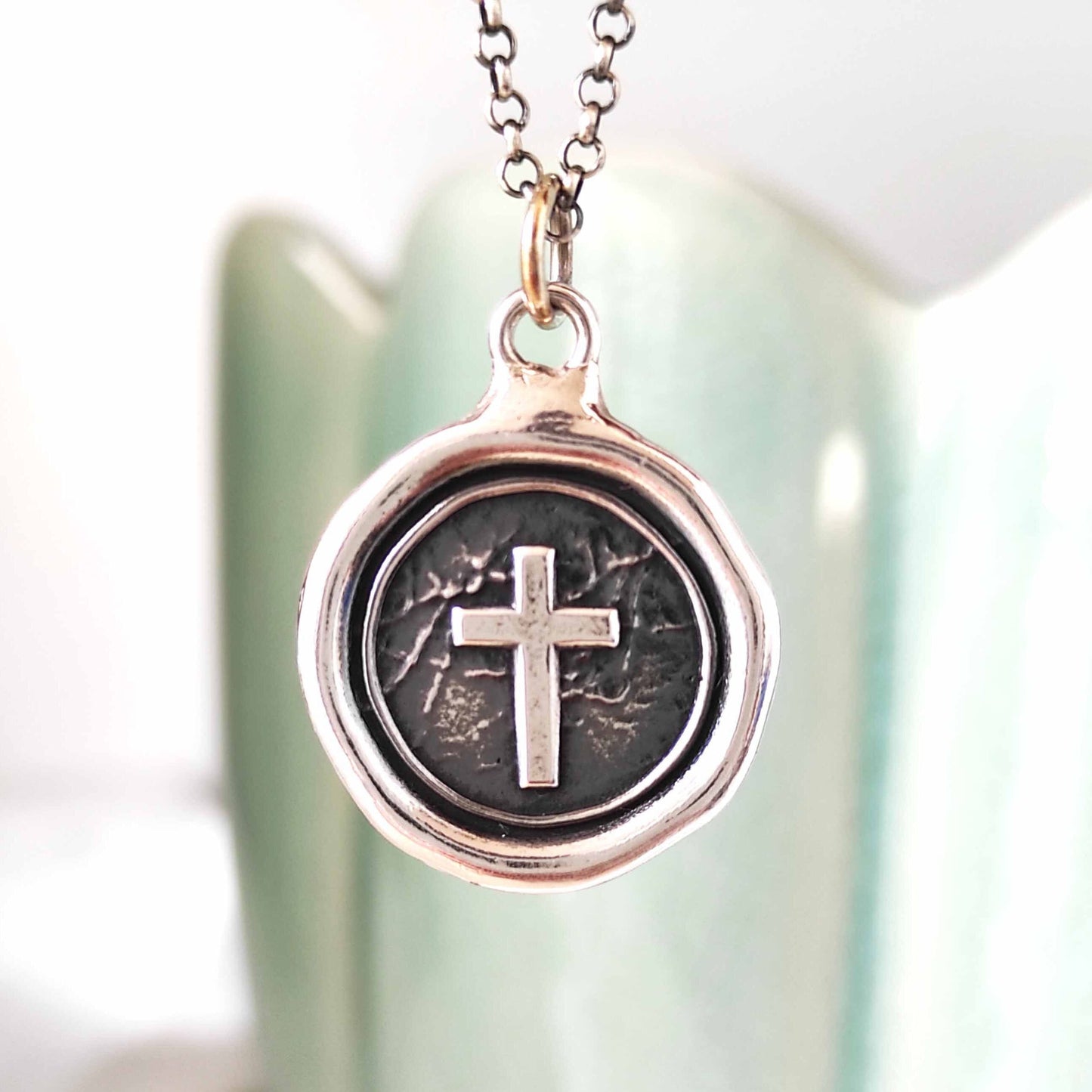 Cross Pendant, Wax Seal Necklace, Handmade Silver Charm, Intaglio Seal Heirloom, Original Design by Liliane Ting LT060