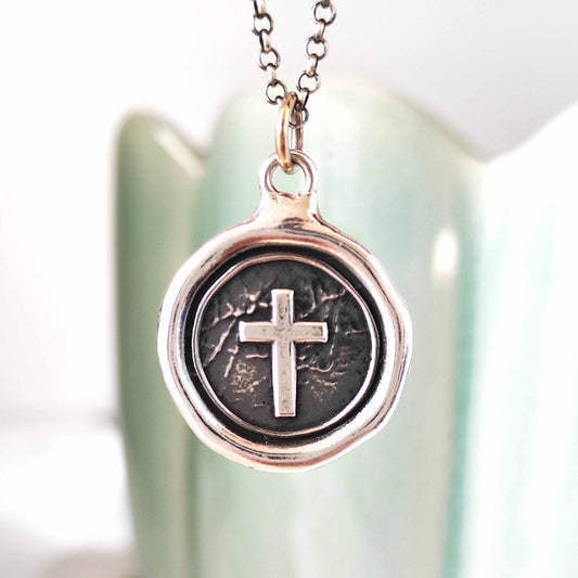 Cross Pendant, Wax Seal Necklace, Handmade Silver Charm, Intaglio Seal Heirloom, Original Design by Liliane Ting LT060
