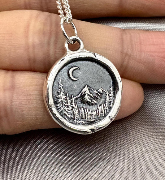 Mountain & Moon Pendant – Nature-Inspired Wax Seal Necklace, Handmade Silver Talisman, Intaglio Seal Heirloom, Original Design LT Studio