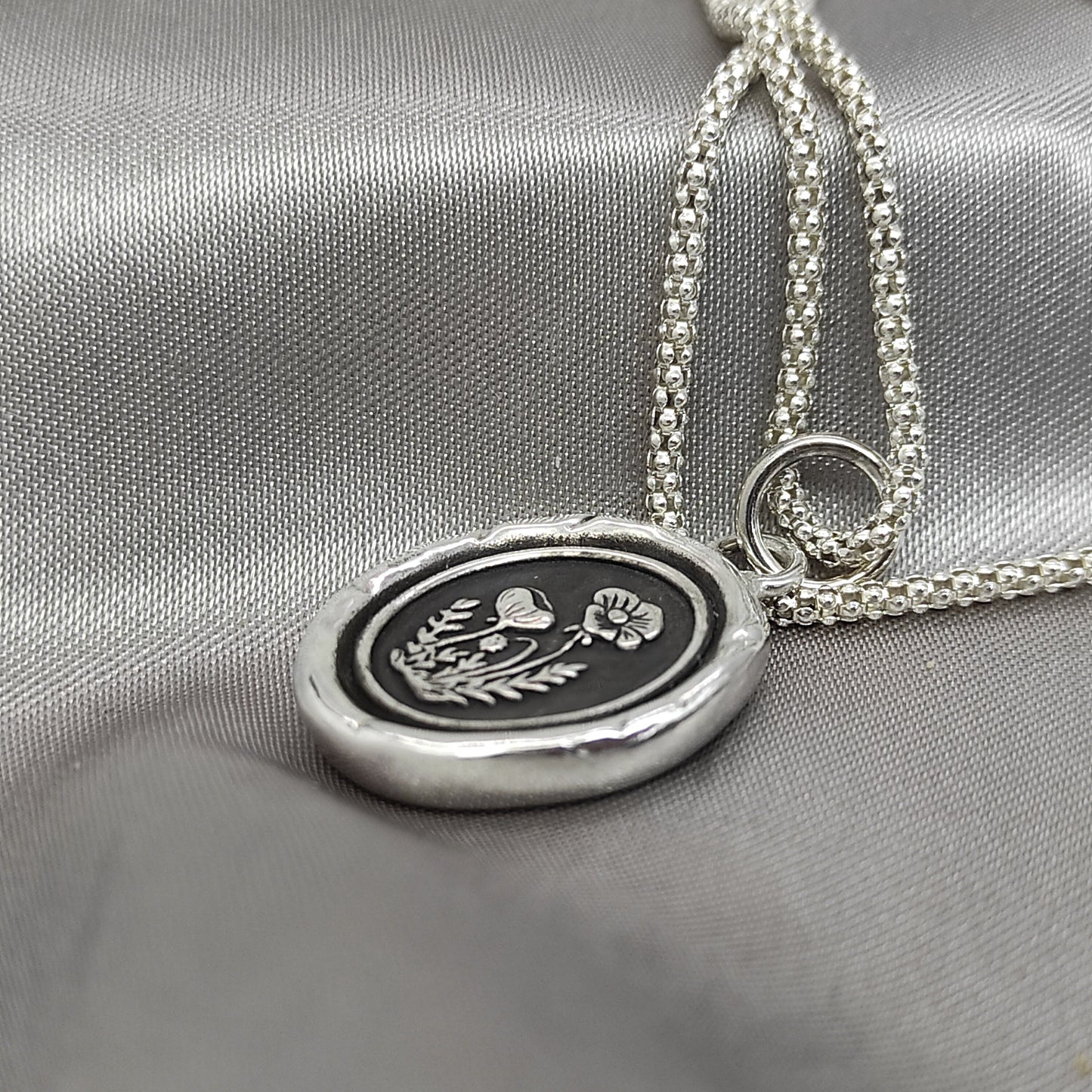 Poppy Flower Necklace, Celestial Wax Seal Pendant, Handmade Silver Talisman, Intaglio Seal, Original Design Liliane Ting Studio LT074