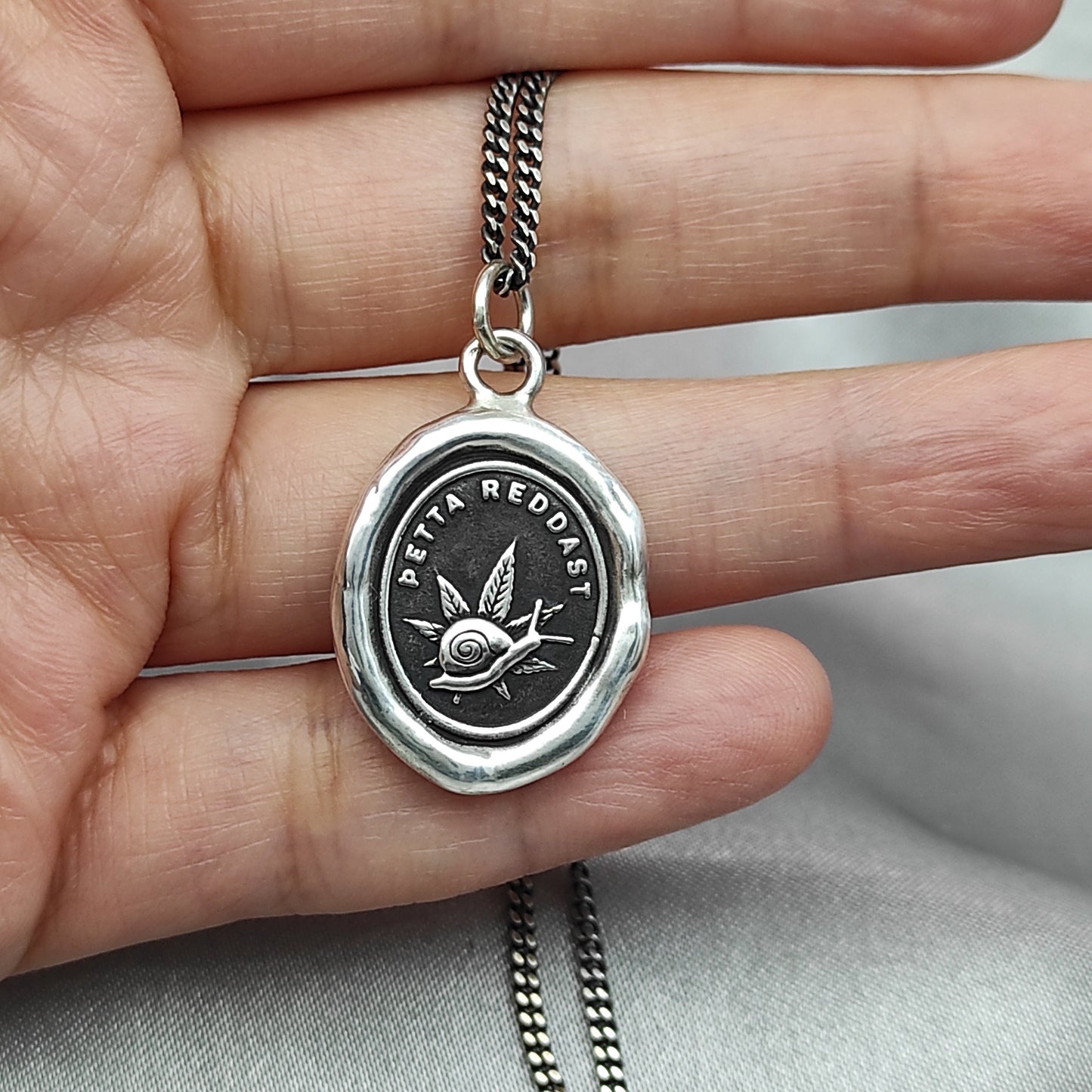 Snail Leaf Wax Seal Necklace Pendant, Handmade Silver Talisman, Intaglio Seal Heirloom, Original Design Liliane Ting LT066