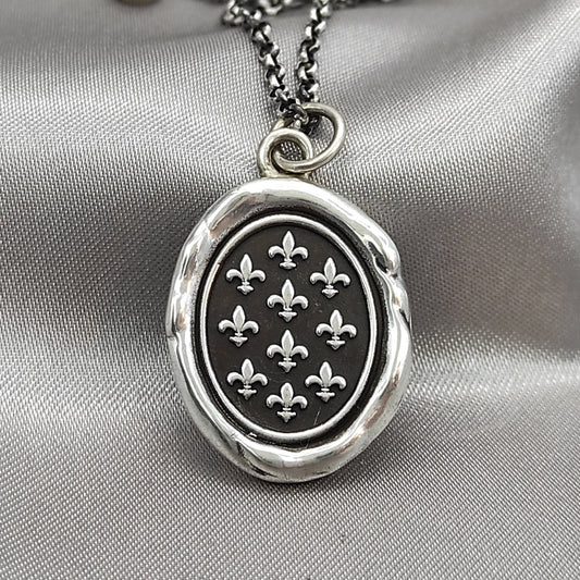 Silver Fleur-de-lis Pendant, Wax Seal Necklace, Handmade Silver Charm, Intaglio Seal Heirloom, Original Design Liliane Ting LT053