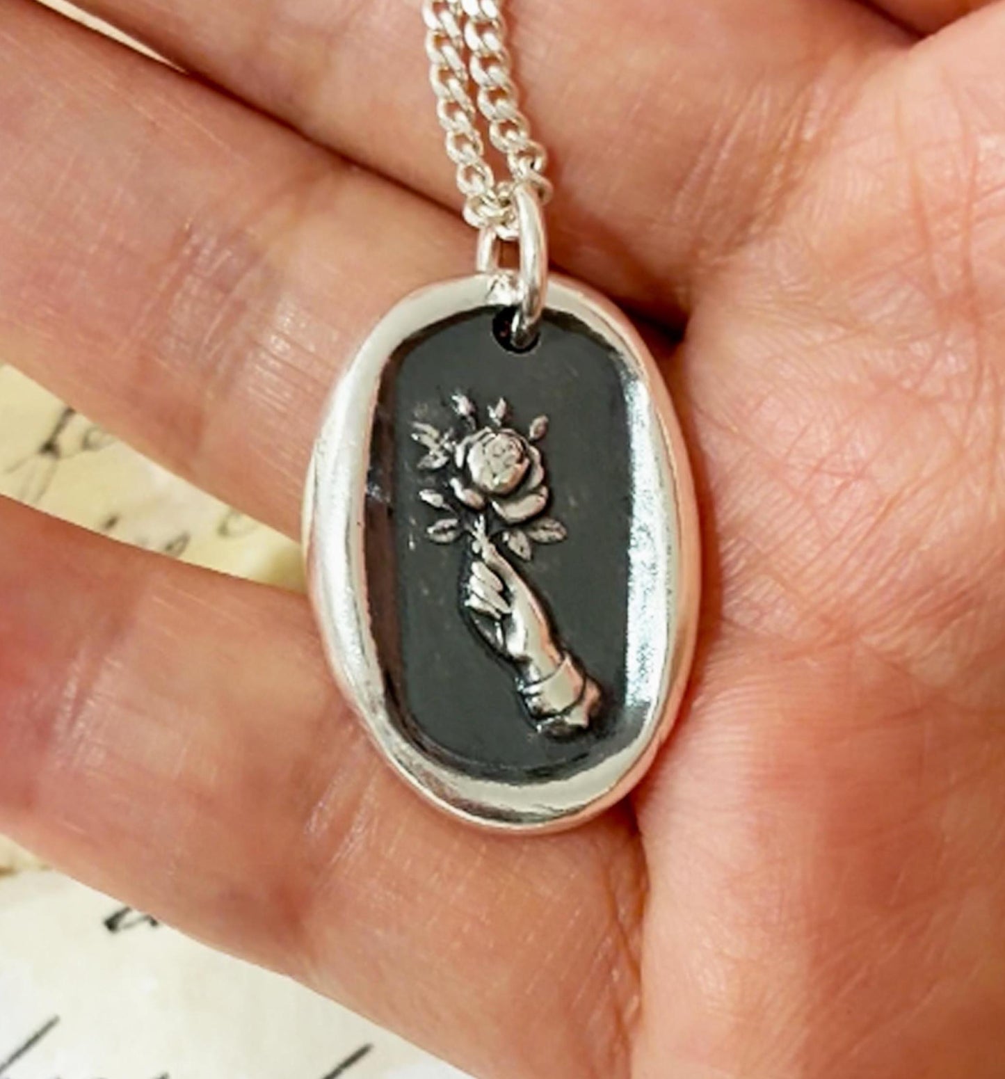 Rose Necklace, Wax Seal Graceful Hand Pendant, Handmade Silver Talisman, Heirloom, Original Design LT Studio LT136