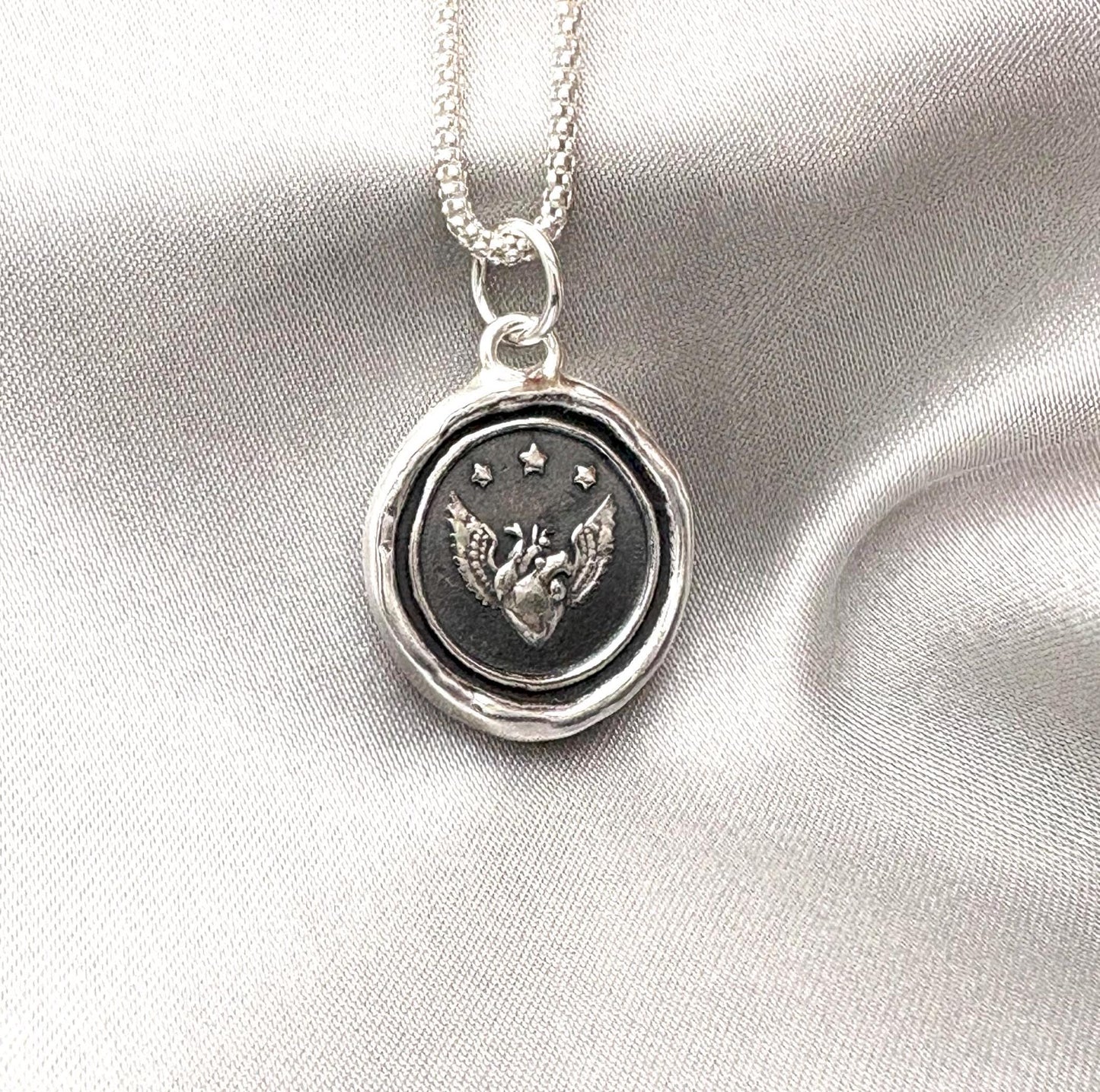 Heart & Wings Celestial Artisan Wax Seal Necklace Pendant, Handmade Silver Talisman, Intaglio Seal Heirloom, Original Design LT Studio