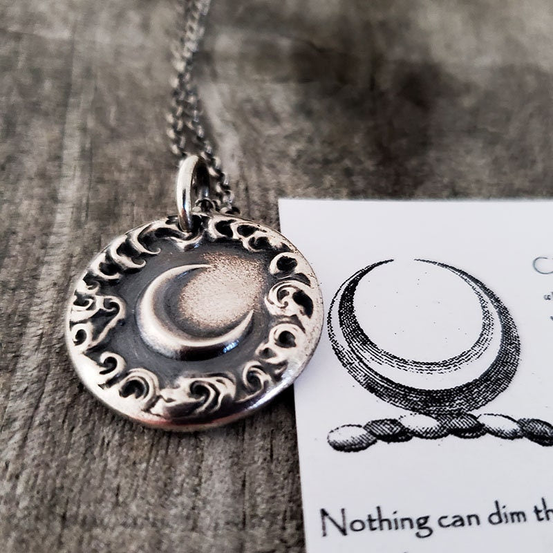 Silver Crescent New Moon Pendant, Handmade Silver Charm, Cloud Wax Seal Necklace, Intaglio Seal Heirloom Original Design LilianeTing LT050