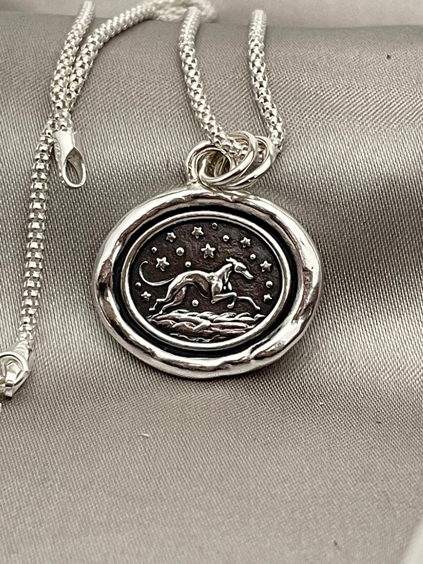 Greyhound dog Celestial Star Wax Seal Necklace Pendant, Handmade Silver Talisman, Intaglio Seal Heirloom, Original Design LT087