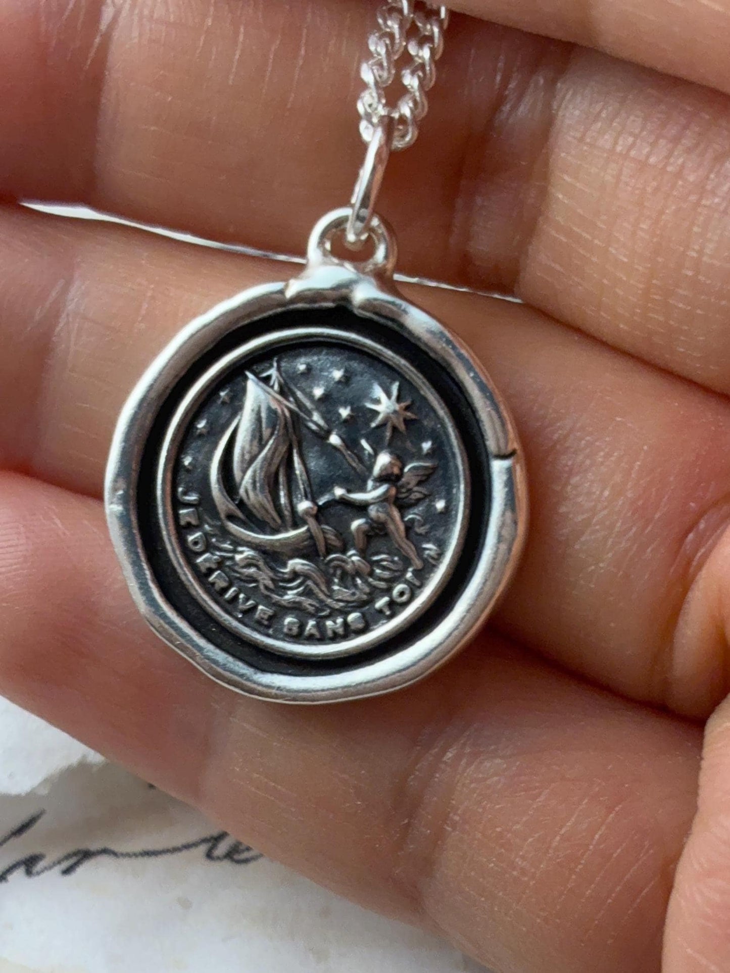 Silver Boat Wax Seal Pendant – “Je Devine Sans Tout Voir” – Sailboat & Star Symbol Necklace of Intuition, Hope, and Inner Guidance