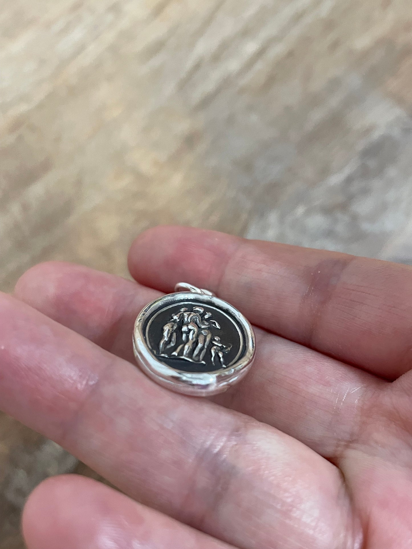 Three Graces with Cupid Wax Seal Necklace Pendant, Handmade Silver Talisman, Intaglio Seal Heirloom Original Design by Liliane Ting LT020