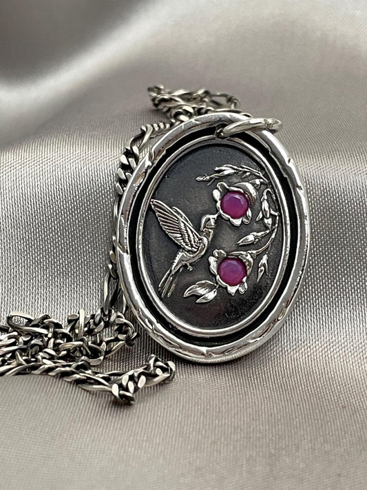 Hummingbird Flower Ruby Gem Wax Seal Necklace Pendant, Handmade Silver Charm, Intaglio Seal Heirloom, Original Design LT094
