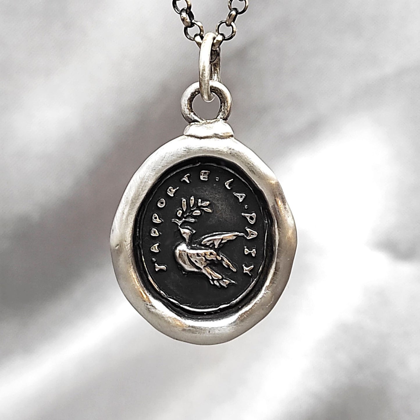 Dove Olive Branch Peace Love Wax Seal Necklace Pendant, Handmade Silver Talisman, Intaglio Seal Heirloom Original Design LT011