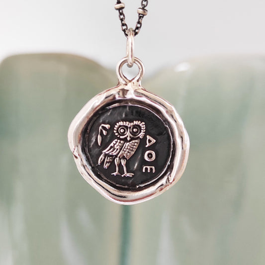 Athena OWL Pendant, Wax Seal Necklace, Handmade Silver Amulet, Intaglio Seal Heirloom, LT048