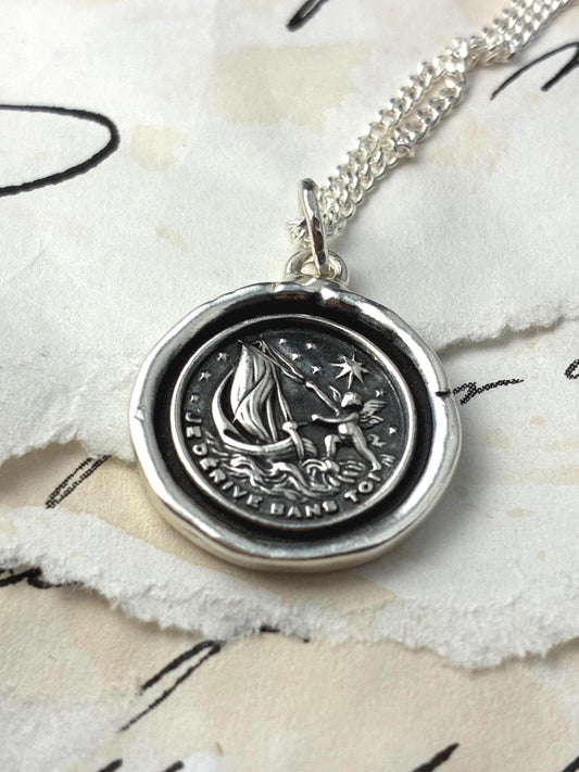 Silver Boat Wax Seal Pendant – “Je Devine Sans Tout Voir” – Sailboat & Star Symbol Necklace of Intuition, Hope, and Inner Guidance