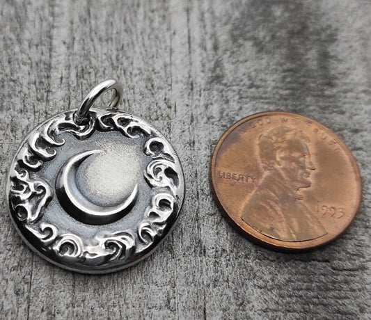 Silver Crescent New Moon Pendant, Handmade Silver Charm, Cloud Wax Seal Necklace, Intaglio Seal Heirloom Original Design LilianeTing LT050