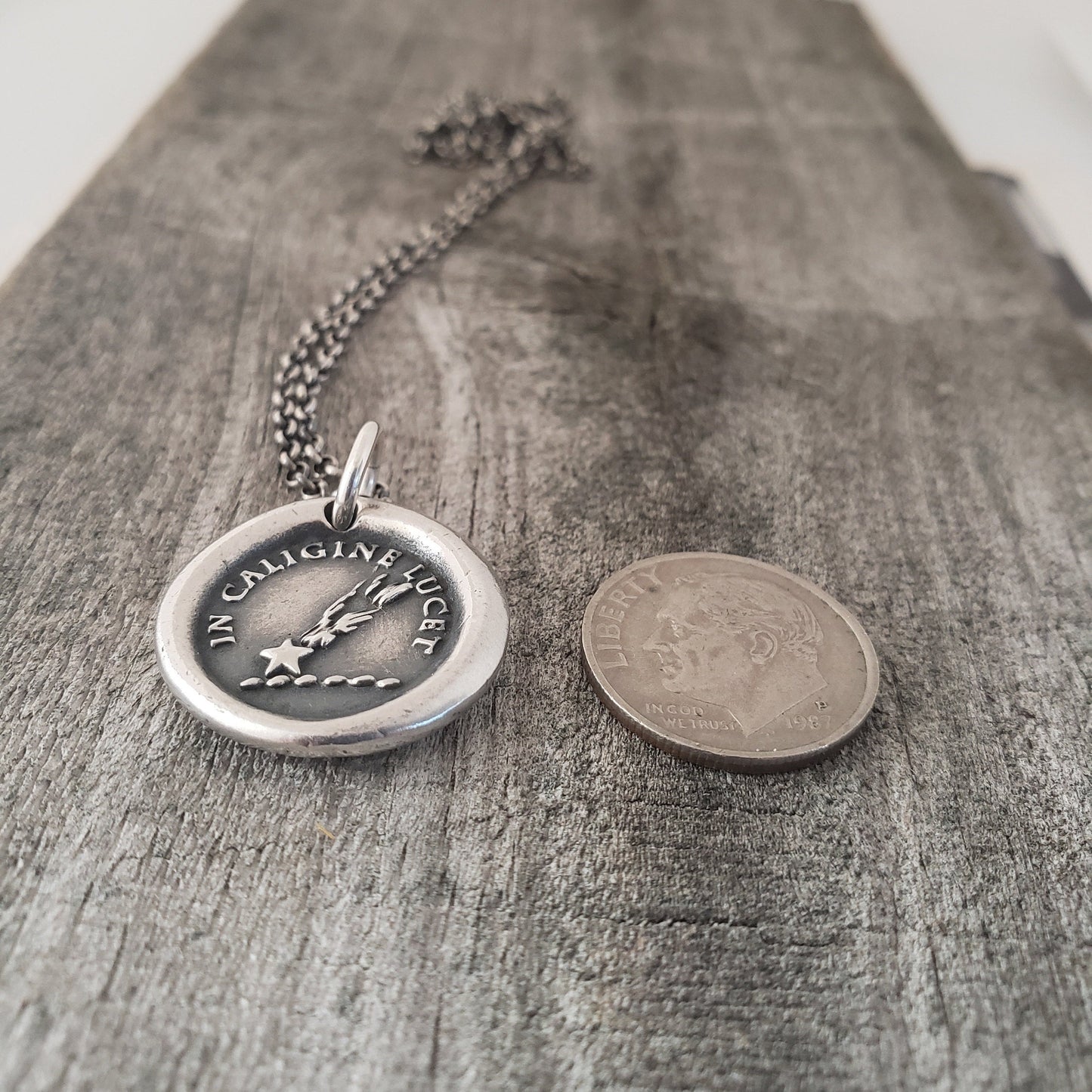 Comet Pendant, Wax Seal Necklace, Latin Motto, Handmade Silver Charm, Intaglio Seal Heirloom. Original Design by Liliane Ting LT033