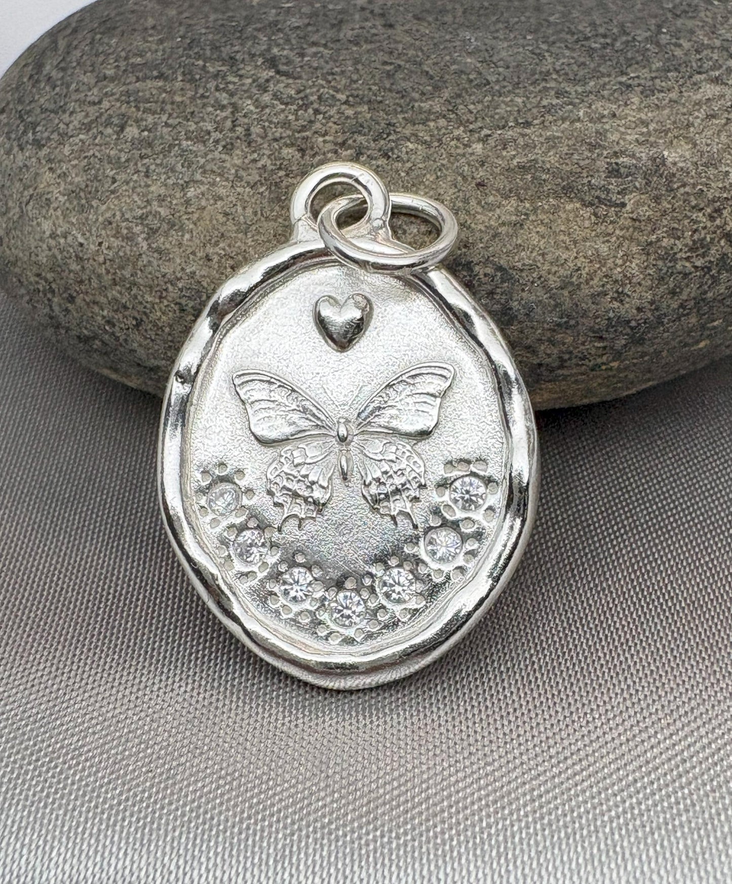 Silver Butterfly Pendant with CZ – Nature-Inspired Elegance, Handmade Silver Charm, Intaglio Seal Heirloom, Original Design LT Studio