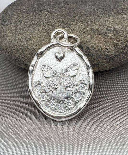 Silver Butterfly Pendant with CZ – Nature-Inspired Elegance, Handmade Silver Charm, Intaglio Seal Heirloom, Original Design LT Studio