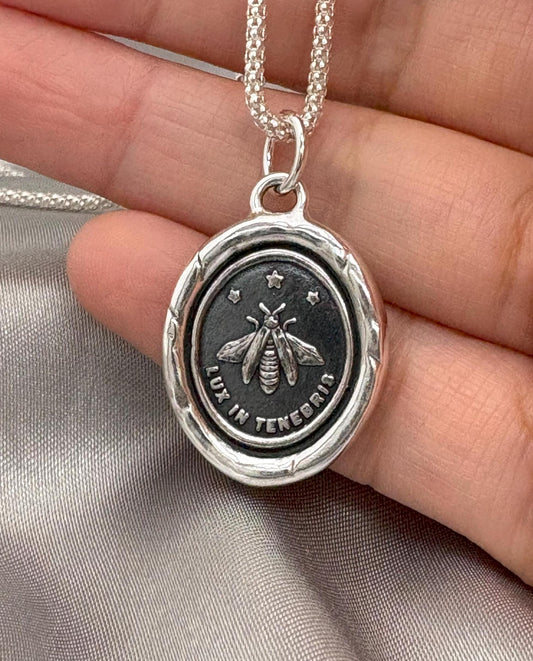 Inspirational Firefly Necklace, Wax Seal Silver Pendant, Handmade Silver Talisman, Intaglio Seal Heirloom, Original Design by Liliane Ting