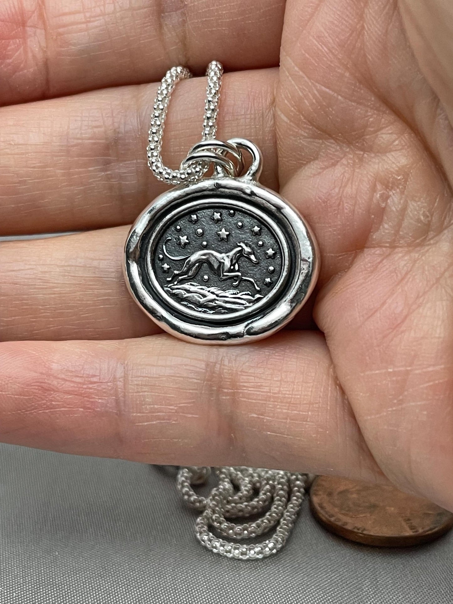 Greyhound dog Celestial Star Wax Seal Necklace Pendant, Handmade Silver Talisman, Intaglio Seal Heirloom, Original Design LT087
